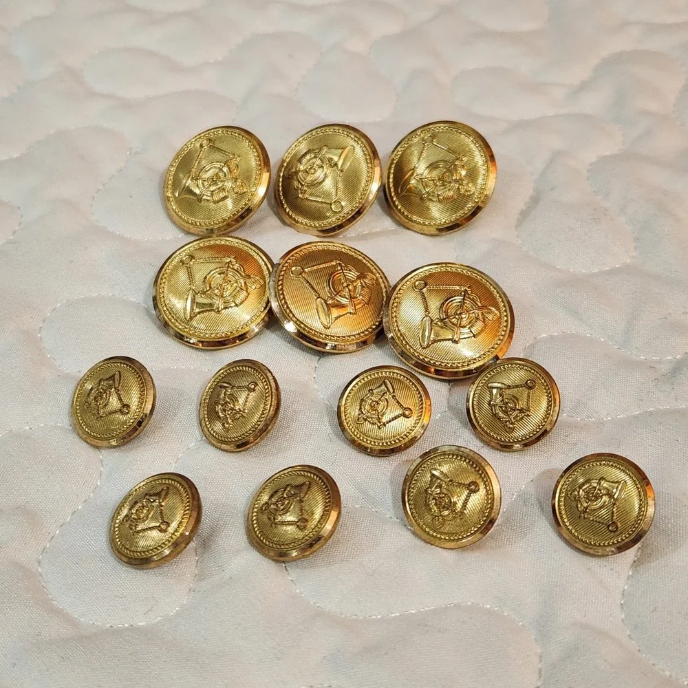 Set of 14 Waterbury Gold FOX HUNTING BLAZER BUTTONS French Horn Shank Equestrian